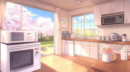 Fototapeta premium Serene Anime Kitchen Interior with Sakura Tree View Through Window and Natural Sunlight Effects