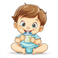 Happy Cartoon Child Drinking from Sippy Cup with Joyful Expression