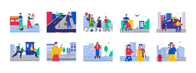 Modern urban life set illustration. Flat vector illustration concept.