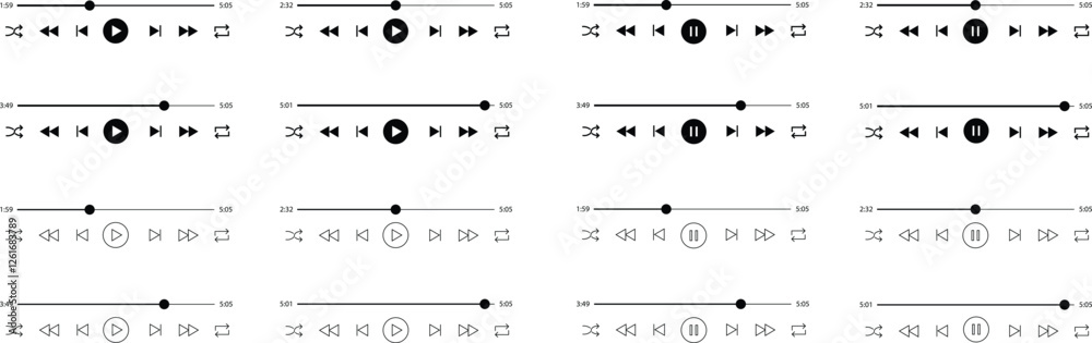 Wall mural multimedia video and music player and pause buttons icons set. video streaming frame on internet, mo
