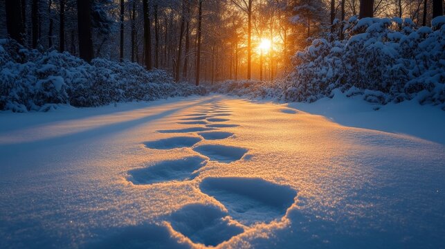Snow-covered path in the forest at sunset with footsteps in the fresh snow. Generative AI