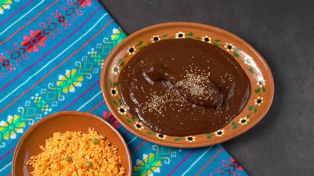 Traditional mole poblano sauce and a plate with red rice