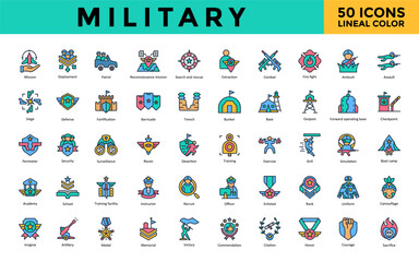 Fototapeta premium Military icon set with mission, deployment, patrol, reconnaissance mission, search and rescue, extraction, combat, fire fight, ambush, assault icon. Simple lineal color vector 