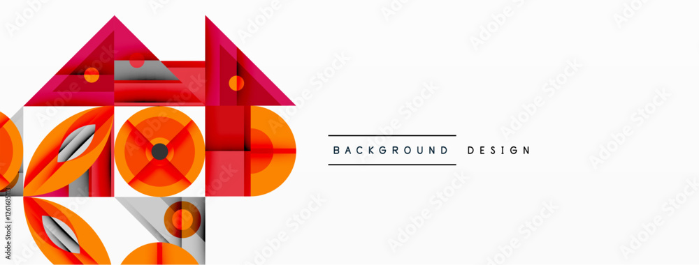 Poster Geometric abstract composition with intersecting shapes, circles, triangles, and gradients, blending vibrant colors and dynamic contrasts to create a modern, futuristic visual design