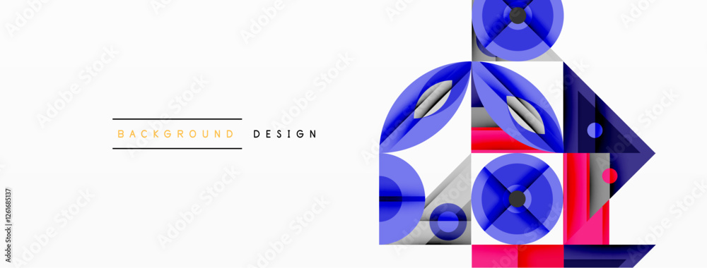 Poster Geometric abstract composition with intersecting shapes, circles, triangles, and gradients, blending vibrant colors and dynamic contrasts to create a modern, futuristic visual design