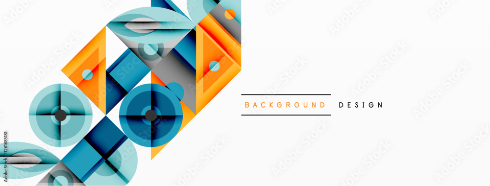 Poster Geometric abstract composition with intersecting shapes, circles, triangles, and gradients, blending vibrant colors and dynamic contrasts to create a modern, futuristic visual design