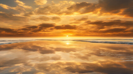 Obraz premium A mesmerizing seascape featuring a tranquil ocean mirroring the vibrant colors of a sunset sky filled with soft, fluffy clouds.