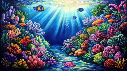 Fototapeta premium Vibrant Underwater Scene with Colorful Coral and Tropical Fish