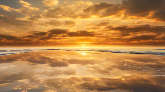 A mesmerizing seascape featuring a tranquil ocean mirroring the vibrant colors of a sunset sky filled with soft, fluffy clouds.