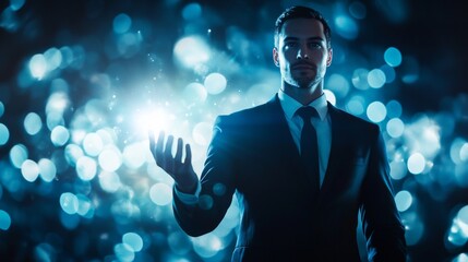 a formal-attired businessman making an open-handed presentation pose, set against a dimly lit scene with a dreamy, atmospheric lighting effect of blurred blue and white orbs, evoking the image of a