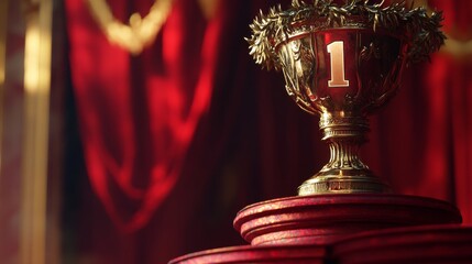 Celebrated achievement symbol, a shimmering, golden trophy engraved with the number "1" and adorned with laurel wreaths rests confidently on a tiered, scarlet pedestal, embodying the zenith of