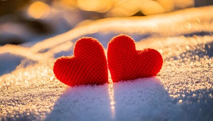 Fototapeta premium Two red knitted hearts resting on glistening snow with golden sunlight in the background