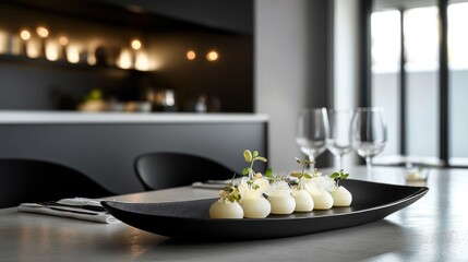Modern kitchen, gourmet food plating, elegant dining