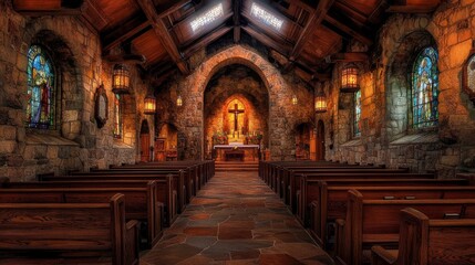 Obraz premium The cozy, traditional interior of a rustic chapel, featuring rows of aged, hardwood pews facing an altar adorned with a weathered cross, the space illuminated by the gentle light filtering in through