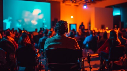 A disabled innovator sharing their expertise and insights from the center of a dimly lit conference stage, the audience fully engaged and focused on their empowering message.