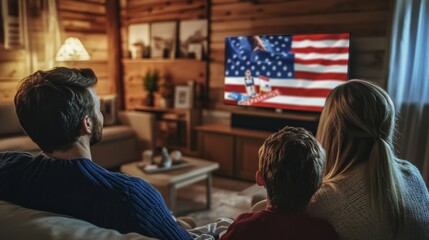 Fototapeta premium a family watching an election event on tv in a simply decorated home the screen displays the american flag and a candidate's campaign imagery the wooden wall in the background is complemented by