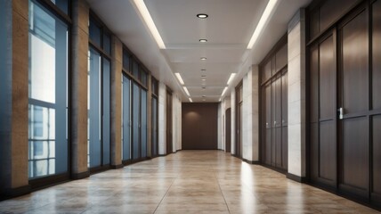 A modern corridor with a softly blurred room in the background, creating a professional and sleek setting. Perfect for business presentations, corporate wallpapers, and minimalist designs.

