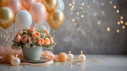 Decorative background with birthday balloons and delicate flowers on a table, in soft and light tones, creating a festive, elegant, and romantic atmosphere