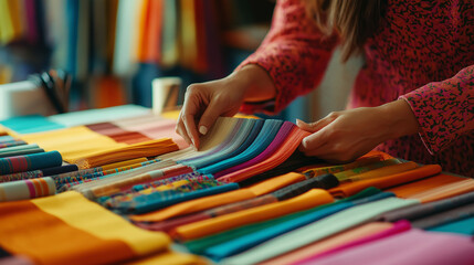 Fototapeta premium A female fashion designer organizing fabric swatches on her desk, creating color palettes for her upcoming collection