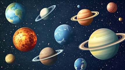 Naklejka premium Colorful depiction of multiple planets against a starry cosmos background