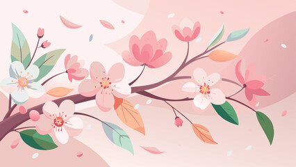 A soft, pastel-colored vector background with cherry blossoms and gentle floral accents.