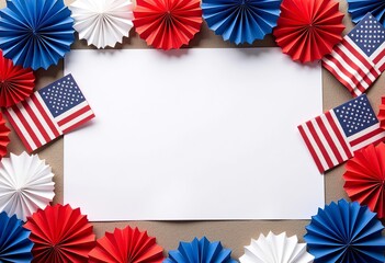 Obraz premium DIY 7月4日の招待状モックアップ：アメリカ国旗の要素を特徴とする5x7の縦型空白の白いカード、パーソナライズされたパーティーの招待状、休日のイベント、愛国的な挨拶に使用します。