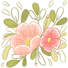 Hand drawn flowers with branch and leaves. Vinca flower illustration for design, element, wedding, valentine, sticker.