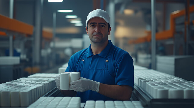 image of a production engineer at a dairy factory, 40 years, monitoring production on a conveyor belt of milk crates looking at camera. medium shot, clean and lit location