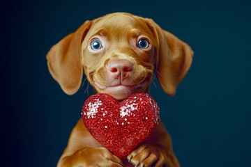 Cute vizsla pooch with sparkling rhinestones red heart - emblem of love, funny greeting card. Commercial concept art. Vizsla - my treasured dog. Valentine's day concepts. Love and care.
