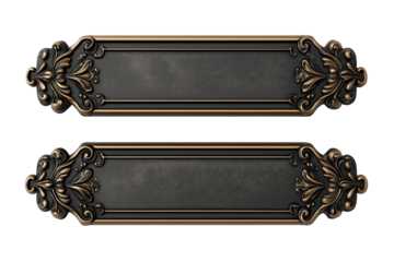 Vintage Ornate Nameplates: Two elegant and antique-looking nameplates with a rustic bronze finish and intricate floral patterns.