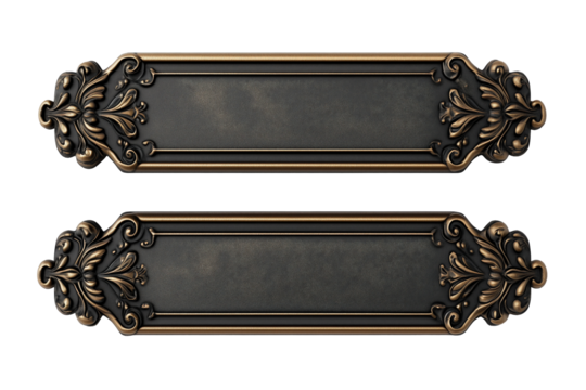Vintage Ornate Nameplates: Two elegant and antique-looking nameplates with a rustic bronze finish and intricate floral patterns.