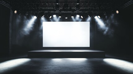 A minimalist stage setup with a large white projection screen centered against a dark background, surrounded by spotlights and a raised platform for speakers or presenters.
