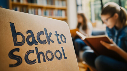 "Back to School" sign, in the background two teenagers studying in the library