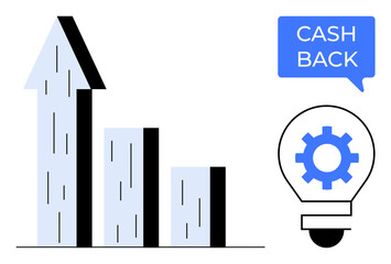 Bar graph with upward arrow, light bulb containing gear, and cashback message emphasize financial growth, innovation, and savings. Ideal for business strategy, finance, marketing, innovation