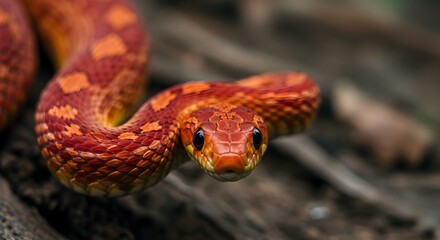 Obraz premium Close Up of Orange Corn Snake Coiled on Wood Looking at Camera