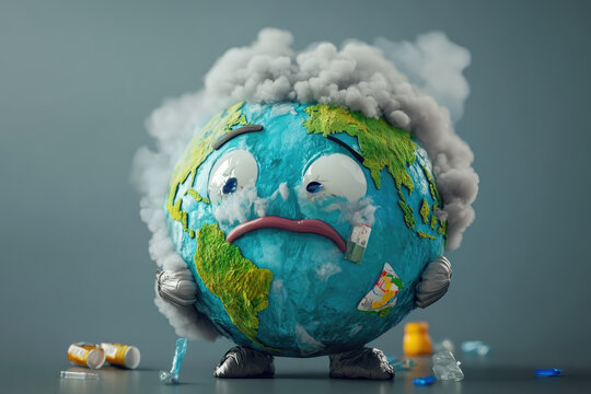 An emotional cartoon Earth character with teary eyes, covered in smoke and plastic waste - Powered by Adobe