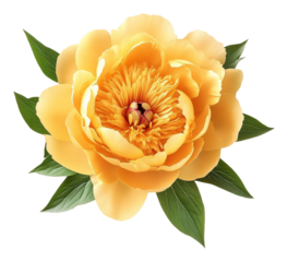 Yellow peony flower with green leaves on transparent background, botanical detail. Nature and floral concept