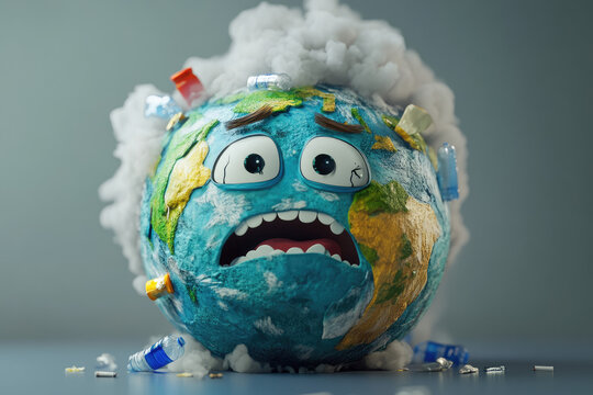 An emotional cartoon Earth character with teary eyes, covered in smoke and plastic waste - Powered by Adobe