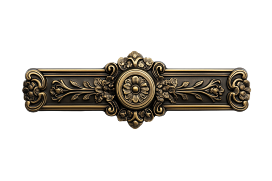 Antique Brass Ornament: A beautifully crafted antique brass ornament with intricate floral details and a central circular motif, showcasing the exquisite artistry of the past. 