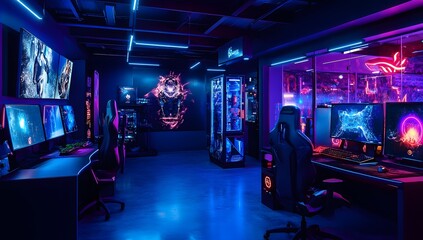 Neon gaming room, multiple computers, futuristic decor, vibrant atmosphere