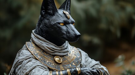 Anubis Character in Ancient Egyptian Attire with Black Fur and Golden Adornments