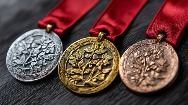 Shimmering medal awards; a set of gleaming, metallic medals featuring gold, silver, and bronze designs, each adorned with a vibrant red ribbon for a classic, prestigious achievement recognition