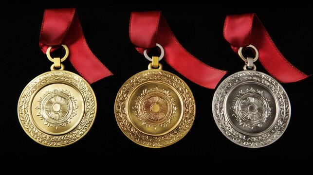 Shimmering medal awards; a set of gleaming, metallic medals featuring gold, silver, and bronze designs, each adorned with a vibrant red ribbon for a classic, prestigious achievement recognition