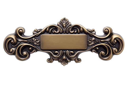 Antique Brass Plaque:  An ornate, antique-style brass plaque with a blank rectangular center, perfect for adding text or images. The design features intricate scrollwork and floral motifs.