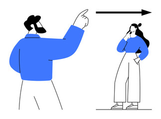 Two figures engage in conversation, one person confidently pointing forward, indicating direction. Ideal for teamwork, leadership, guidance, communication, decision-making, forward-thinking
