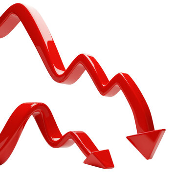 A graphic representation of a declining trend, using two 3D red graphs with downward arrows against a pure white background