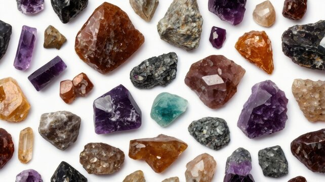 A collection of raw scapolite mineral samples in various shapes, sizes, and colors, displayed on a white background, showcasing their natural textures and crystal formations.

