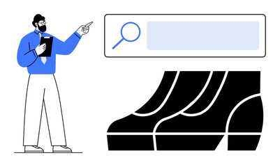 Man with clipboard pointing at search bar next to a large graph. Ideal for SEO techniques, research, data analysis, business strategy, digital marketing, presentations, education. Minimalist abstract