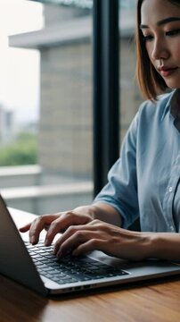 Woman using laptop with AI interface showing chatbots and messages.