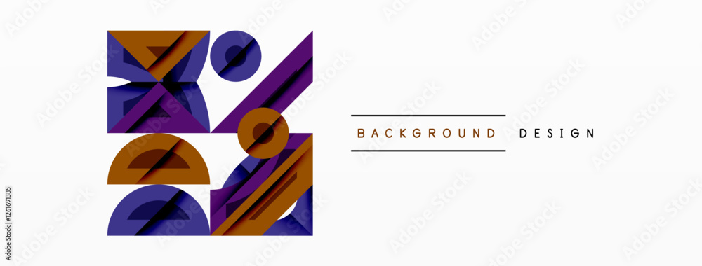 Poster Abstract geometric background with shapes, featuring circular and rounded elements. Bold contrast, smooth gradients, dynamic composition, futuristic style